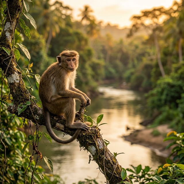 Playful Macaque Monkey by the River